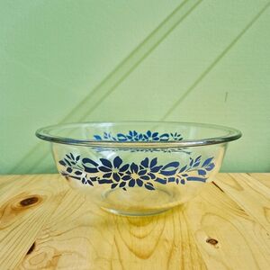 Vintage Pyrex Blue Floral Ribbon Pattern Clear Glass Mixing Bowl 2.5 Liter